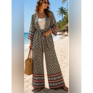 Nekane NKN Boho Kimono Belted Jacket Black Print Small / Medium NWT